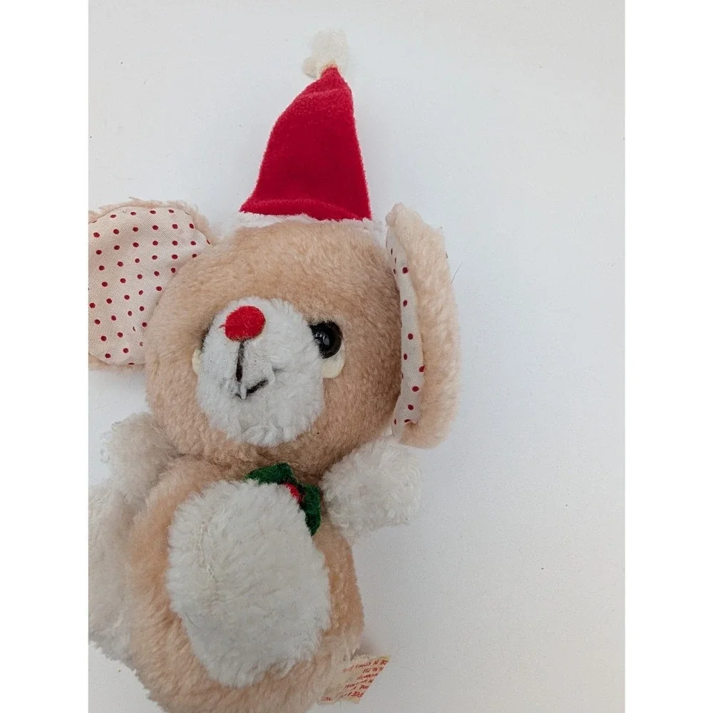 Russ Berrie Plush Mouse Tan Christmas Santa‎ Hat Polka Dot Ears Stuffed Animal